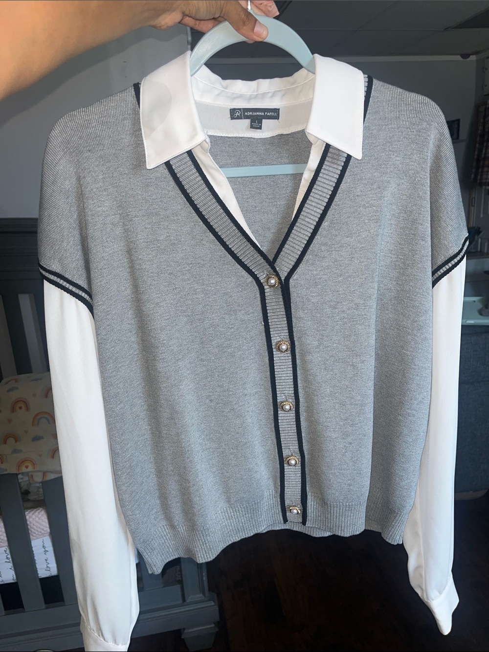 Adriana Papell Gray & White Pearl Button Twofer sweater